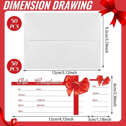 Sinmoe 50 Sets Gift Certificate for Business with 50 Pcs Envelopes Blank Gift Certificate Cards with Name and Address Rustic for Beauty Salon Restaurants Birthday(4.72 x 2.36 Inch, Ribbon Style)