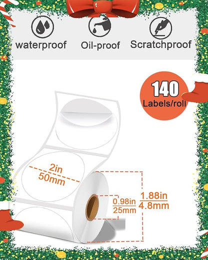 2 x 2 Round Thermal Labels, 2 inch Round Thermal Sticker Labels for Business and Home, for Label Printer, for M110/M220/M221 Label Maker，140 Labels for Printer, White