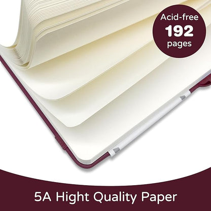 Blank Journal Notebook, A5, 192 Pages 100 GSM Thick Sketch Book for Women Men, Hardcover Leather Unlined Journaling for Work, Notebooks for Writing, 5.8 inches x 8.5 inches (Burgundy)