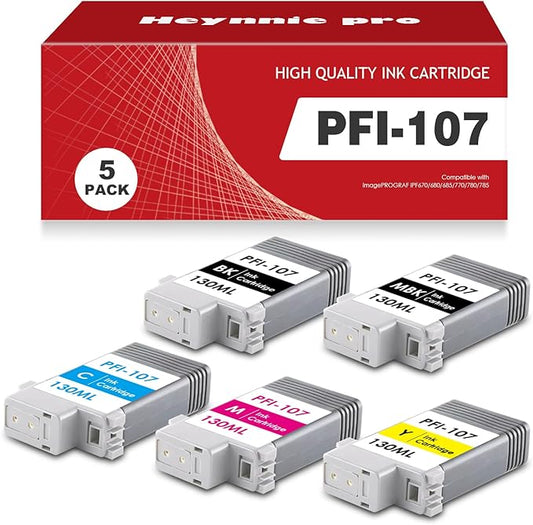 PFI 107 PFI-107 Ink Cartridge Compatible with Canon PFI107 PFI-107MBK PFI-107BK PFI-107C PFI-107M PFI-107Y Ink Tank Set for IPF670 IPF680 IPF685 IPF770 IPF780 IPF785 Printers (5 Pack, MBK BK C M Y)