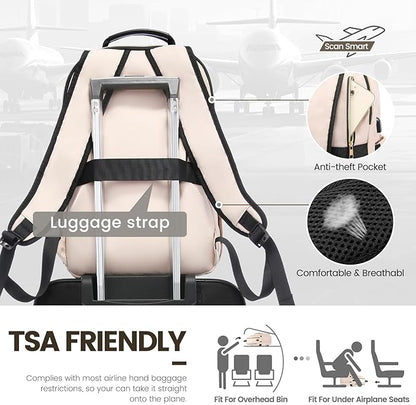 LOVEVOOK Laptop Backpack for Women 15.6 inch,Cute Womens Travel Purse,Professional Computer Bag,Waterproof Work Business College Teacher Bags Carry on with USB Port,Nude