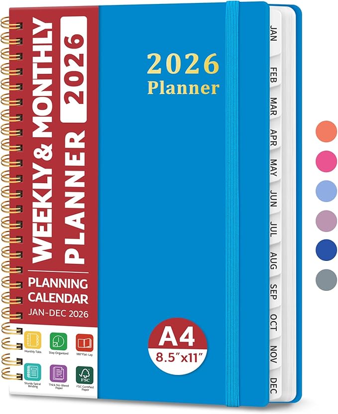2026 Planner, Weekly and Monthly Calendar Planner, January 2026 - December 2026, Hardcover 2026 Calendar Planner Book with Tabs For Women & Men, Inner Pocket, Spiral Bound, Perfect for Office Home School Supplies - A4 (8.5" x 11"), Azure Blue