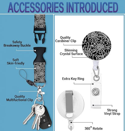 ID Badge Holder with Retractable Lanyard and Keychain, Badge Reel with Rotate Carabiner Clip,Spider Web Card Name Tag Lanyard ID Protector Bage Clips for Student, Women, Office
