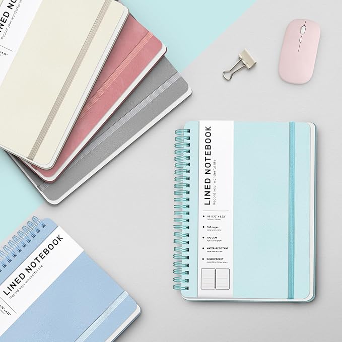 Light Green Lined Spiral Journal Notebook with 160 Pages, 8×5.7in, A5 Spiral Notebook, Journaling Notebooks for Work, School, Women, Men, College Ruled Spiral Notebook, Hardcover Leather Journals