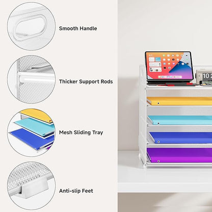 5 Tier Paper Organizer with Handle, Metal Mesh Desk Organizer File Folder Organizer Paper Letter Tray Desktop Document Sorter for Classroom, School, Office Organization and Storage - White