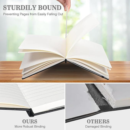 OMEYA Lined Journal Notebook, 3 Pack A5 College Ruled Notebooks for Work, Hardcover Notebook Each with 2 Pockets & Pen, Leather Journal for Women, Men, 160 Pages, 100GSM Thick Paper (Black)