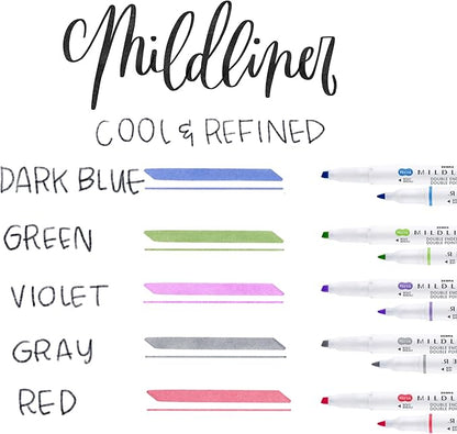 Zebra Pen Mildliner, Double Ended Highlighter, Broad and Fine Tips, Assorted Cool and Refined Colors, 5-Count