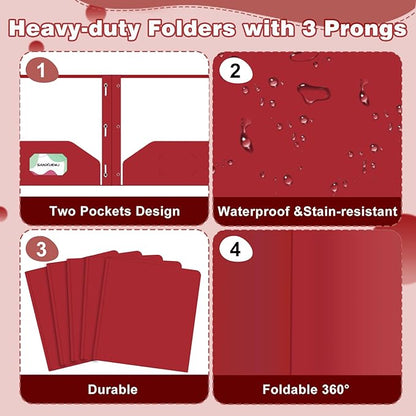 30 Pack Two Pocket Folders Business Card Holder Plastic Folders with Prongs for School Office Filing Cabinet Resume Portfolio (Red)