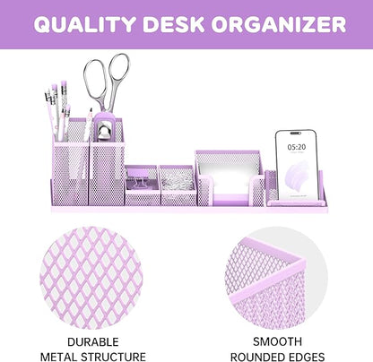 SUPEASY Pen Holder for Desk, 6 Piece Mesh Desk Organizer set, Desk Accessories for Office Organization with Mail Organizer, Letter Phone Holder, Sticky Notes Caddy Storage, Purple