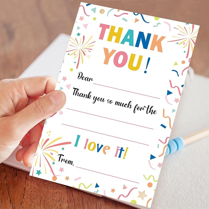 Colorful Confetti Kids Thank You Cards Fill in the Blank with Envelopes, Thank You Notes Kids Thank You Cards 20 Card Set for Boys or Girls (4 * 6 inches) -03