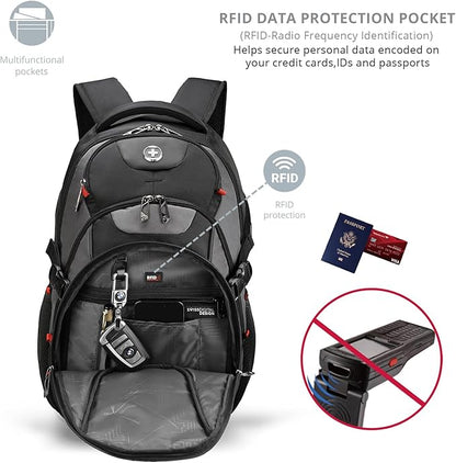 Swissdigital Design Large Business Laptop Backpack with Smart USB Charging Port, Travel Backpack Fits 15.6 inches laptops, Water Repellent College Backpack for Men Women (VECTOR SD803-02 Black/Grey)