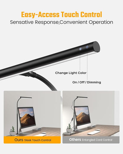SUPERDANNY Desk Lamp for Home Office, Eye-Caring Desk Light with Adjustable Gooseneck, 12W Touch Control Dimmable Brightness, Architect Clamp Lamp for Computer Monitor