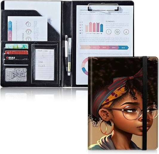 Padfolio Folder with Clipboard,Portfolios Organizer Clipboards with Storage Clipboard Writing Pad PU Leather Conference Document Organizer with Business Card Holder,African Black Woman