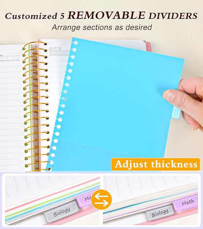 5 Subject Notebook College Ruled, Hardcover Spiral Notebook with Removable Pocket Dividers Tabs, 240 Pages Lined Spiral Journal Notebook for Women, 6x8.5 Notebooks for Work School Note taking A5 Pink