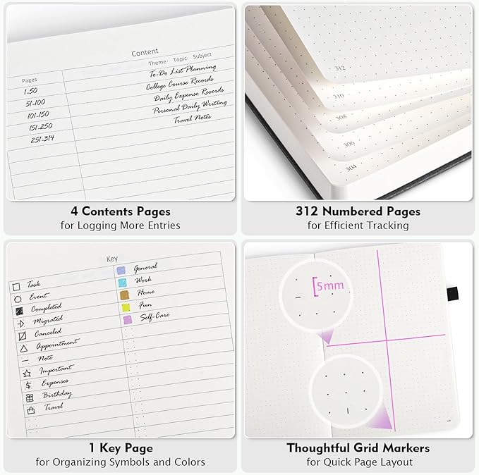 Bullet Dotted Journal Notebook, 312 Numbered Pages A5 Hardcover Leather Journal, 100gsm No Bleed Paper Dot Grid Notebook with Index Pages, Dot Journal for Women Men, 5.75" x 8.38", Grey Blue