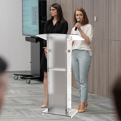 Acrylic Podium Stand With Storage Shelf,Segmented Transparent Lecterns & Podiums,Pulpits For Churches、Conference、Speeches、Weddings、Classroom、Concert,47" H Professional Presentation Podiums