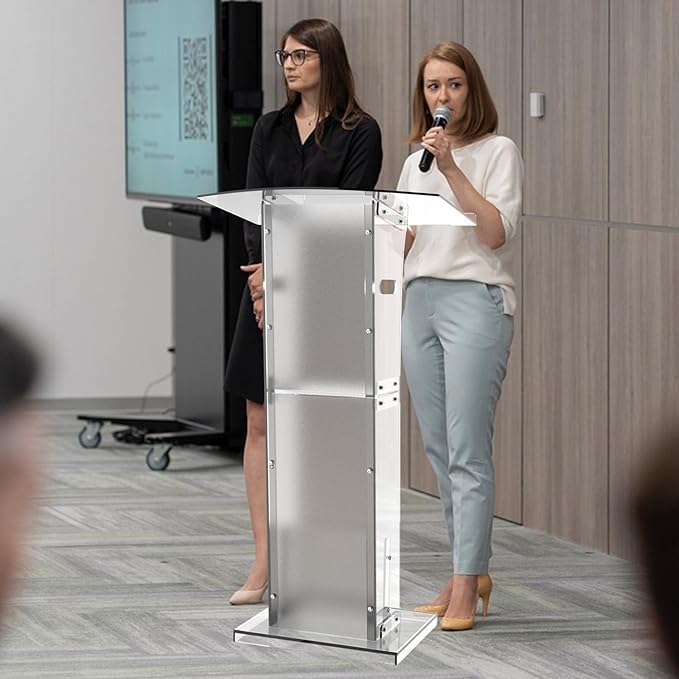 Acrylic Podium Stand With Storage Shelf,Segmented Transparent Lecterns & Podiums,Pulpits For Churches、Conference、Speeches、Weddings、Classroom、Concert,43" H Professional Presentation Podiums