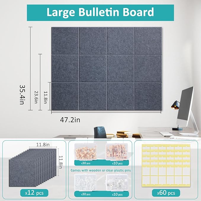Large Cork Bulletin Board - 48" x 36" Cork Board for Walls - 12 Pack Felt Wall Tiles with Safe Removable Adhesive Tabs - Bulletinboard for Office & School & Home Decor - Drak Grey