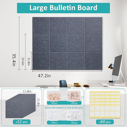 Large Cork Bulletin Board - 48" x 36" Cork Board for Walls - 12 Pack Felt Wall Tiles with Safe Removable Adhesive Tabs - Bulletinboard for Office & School & Home Decor - Drak Grey
