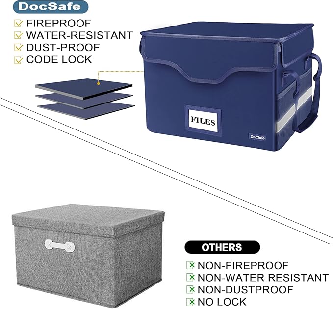 DocSafe File Box Fireproof Document Box with Lock,File Storage Organizer Box with Insert Pocket,Collapsible Portable File Box Home Office File Cabinet with Handle for Hanging Letter/Legal Folder,Blue