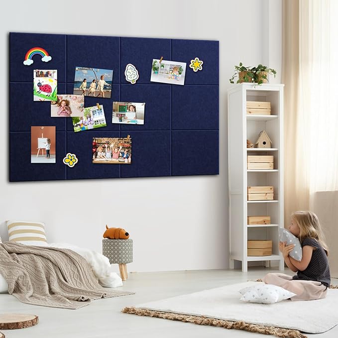Large Cork Board Alternative - 48" x 36" Bulletin Board for Office - 12 Pack Felt Wall Tiles with Safe Removable Adhesive Tabs - Corkboard for Home & School Walls Decor - Navy Blue
