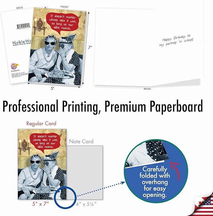 NobleWorks - 1 Funny Happy Birthday Greeting Card - Retro Old Woman Humor, Notecard Talk Bubbles - Matching Alibis C3537BDG