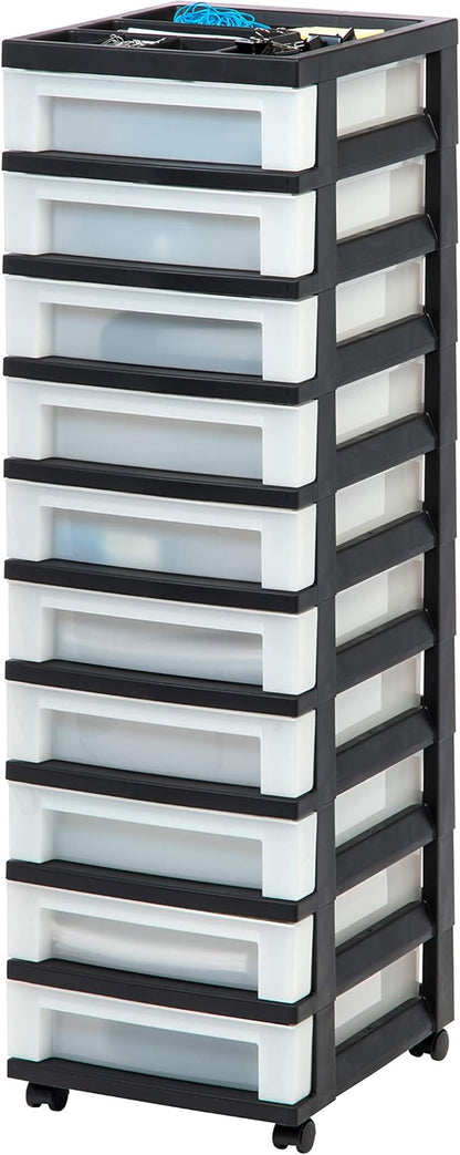 IRIS USA Plastic Drawer Storage Organizer Rolling Cart, with Wheels Casters, 10-Drawers, for Classroom Art Craft Supplies Dresser Closet Bathroom Bedroom, Top Organizer for Small Parts, Black/Pearl