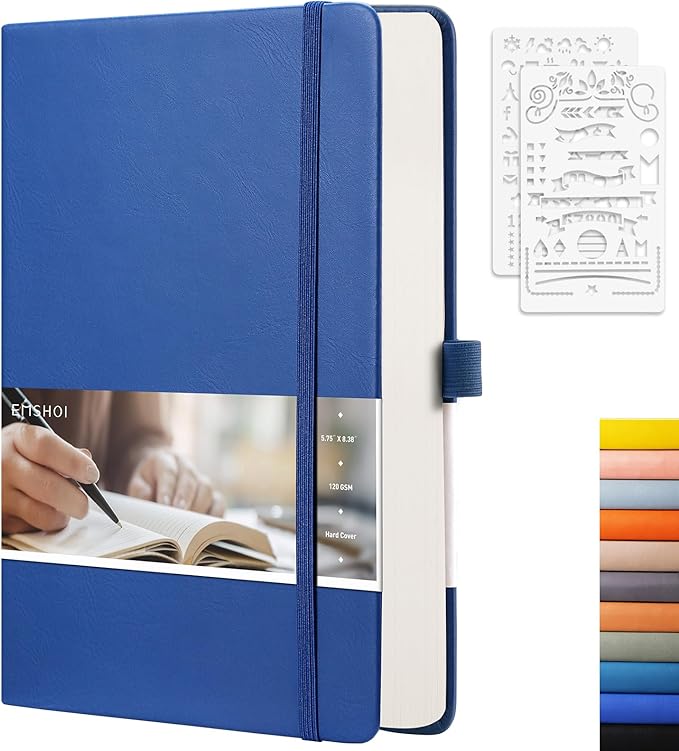 EMSHOI Dotted Journal - 256 Pages Bullet Dotted Notebook, 120gsm Thick Paper Dot Grid Notebook, A5 Hardcover Leather Journal with Stencils, 16 Perforated Pages, Pen Loop, Inner Pocket, 5.75" x 8.38"