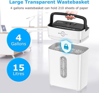 BONSEN White Paper Shredder for Home Office, 8-Sheet Cross-Cut Paper and Credit Card Small Office Shredders, High Security Level P-4 Ultra Quiet Shredder with 4 Gallons Wastebasket (S3101-W)