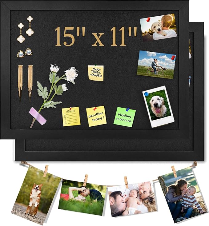 2PCS Black Bulletin Boards Cork Board with Felt, 15"x11" Small Display Pin Board Vision Board for Walls, Jewelry, Notes, Collection, Photos, Office, Wood Framed(Black) & Felt(Black), 2p
