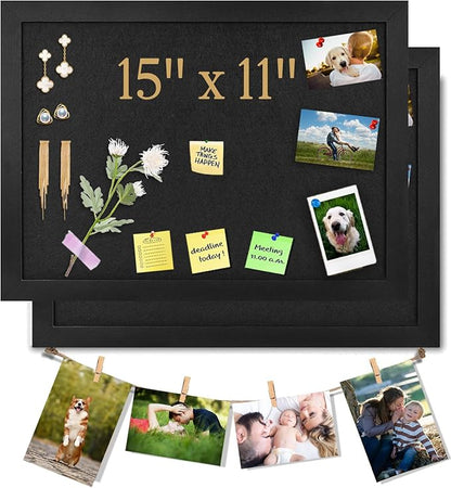 2PCS Black Bulletin Boards Cork Board with Felt, 15"x11" Small Display Pin Board Vision Board for Walls, Jewelry, Notes, Collection, Photos, Office, Wood Framed(Black) & Felt(Black), 2p