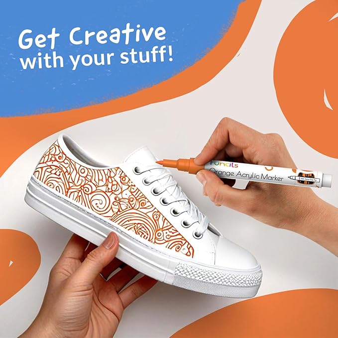 5 Orange Paint Pens - Extra Fine Tip, Thin & Jumbo (1mm, 3mm, 6mm, 10mm, 15mm) - Acrylic Orange Paint Marker for Metal, Fabric Pen, Plastic, Canvas, Wood, Rock Painting - Water-based Ink