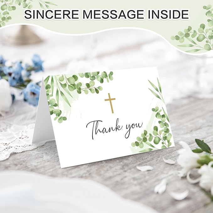 25 Pack Thank You Cards with Envelope & Stickers, 4 * 6in Watercolor Greenery Cross Blank Inside Thank You Card for Bulk Baptism, Wedding, Bridal Shower, Baby Shower, Communion, Funeral