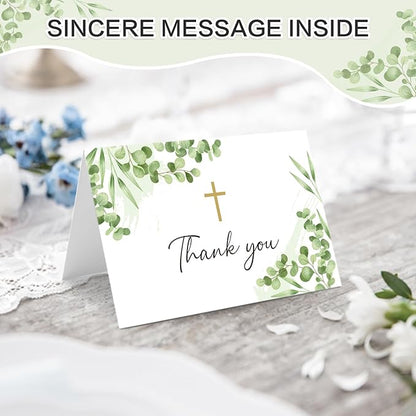 25 Pack Thank You Cards with Envelope & Stickers, 4 * 6in Watercolor Greenery Cross Blank Inside Thank You Card for Bulk Baptism, Wedding, Bridal Shower, Baby Shower, Communion, Funeral