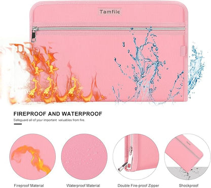 Fireproof Safe Accordion File Organizer Bag Folder,Waterproof Expanding Filing Folder with 14 Pockets, A4 Letter Size, Document Organizer Holder and Color Labels /2 Zipper (Pink 14.3" x 9.8")