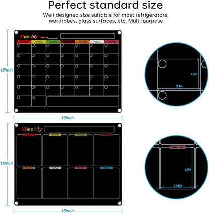 Fridge Calendar Meal Planning Board, Dry Erase Acrylic Magnetic Monthly Weekly Calendar Planner for Refrigerator with 6 Colors Markers (Black-Weekly+Monthly(15.7x11.8))