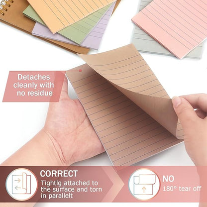 4x6 Inch Lined Sticky Notes, 8 Pack, Vintage Colors, Premium Self-Adhesive Notepads, Large Sticky Pads for Office, School & Home Use, Easy to Use, Reusable & Removable