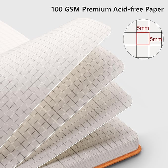 RETTACY Graph Paper Notebook, A5 Grid Notebook Journal with 192 Pages, 5.7'' × 8.3'', Medium Size, Leather Hardcover, 100 GSM Thick Paper, for Students, Homework, Math, Engineering (Orange)