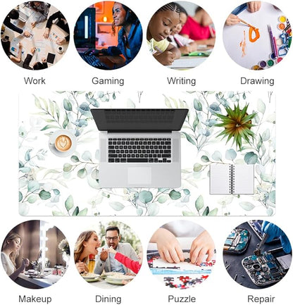 QIYI Large Mouse Pad, Cute Green Leaves Desk Mat for Desktop, Women Girls Office Décor Desk Accessories, PU Leather Waterproof Gaming Mousepad, Eucalyptus Leaf Desk Pad Computer Mat, 31.5" x 15.7"