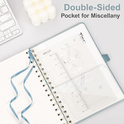 AHGXG Bullet Dotted Journal Spiral Notebook, Hardcover Leather Dotted Notebook 140 Pages, A5 Dot Grid Paper Notebook, 100 gsm Thick Paper, for Bullet Journaling, 5.7" x 8.3", GrayBlue