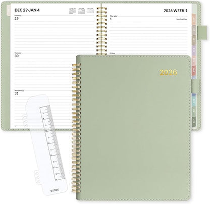 SUNEE 2026 Weekly & Monthly Planner 9"x11.2"- 12 Month (January 2026 - December 2026), Vegan Leather Cover, Pocket, Bookmark, Notes, Monthly Tab, Sage Green
