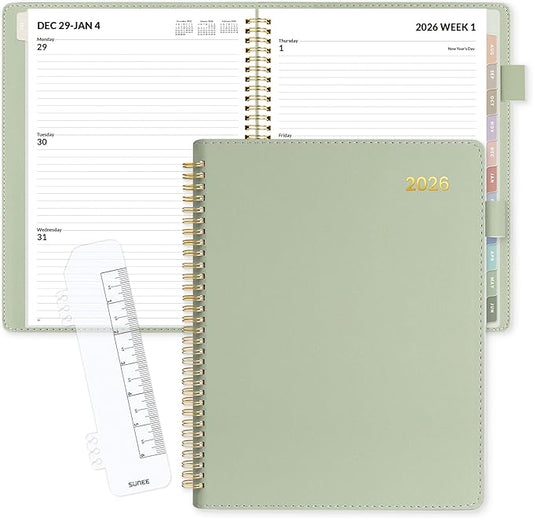 SUNEE 2026 Weekly & Monthly Planner 9"x11.2"- 12 Month (January 2026 - December 2026), Vegan Leather Cover, Pocket, Bookmark, Notes, Monthly Tab, Sage Green