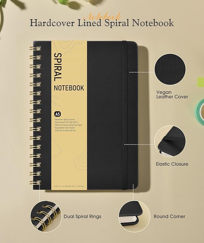 Dotted Spiral Journal Notebook, A5 Hardcover Spiral Journals for Women Men, 100 GSM Dot Grid Paper Notebooks, 150 Pages Spiral Bullet Dotted Notebook for Writing Note Taking 5.75" x 8.38" Black