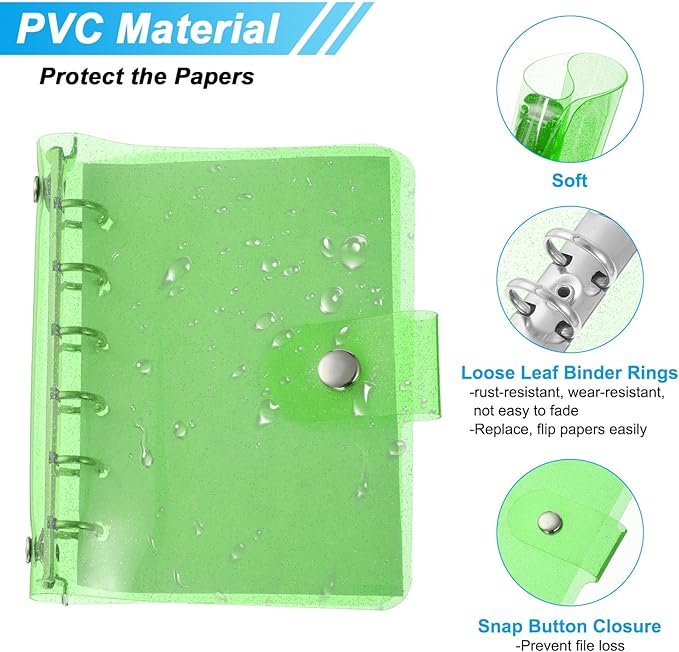 PATIKIL A7 Clear Binder Cover, Soft PVC Bling Loose Leaf Binder Protector Refillable Notebook Shell with Snap Button Closure for DIY Meeting Notebook Folder, Green