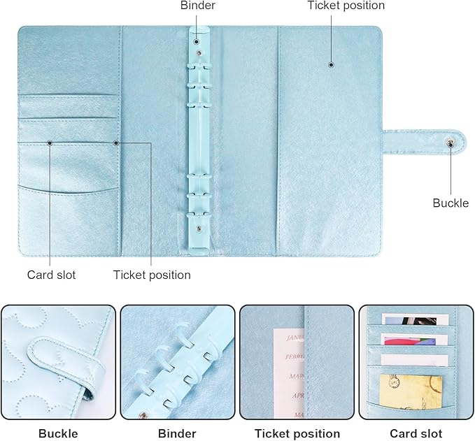 A5 PU Leather Cotton-Padded Binder 6-Ring Notebook Binder Cover with Gold Keychain for A5 Filler Paper, Refillable A5 Personal Planner Budget Binder with Magnetic Buckle Closure (Light Blue, A5)