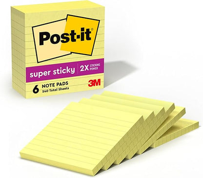 Post-it Super Sticky Lined Notes, 6 Sticky Note Pads, 4 x 4 in., School Supplies, Office Products, Sticky Notes for Vertical Surfaces, Monitors, Walls and Windows, Canary Yellow