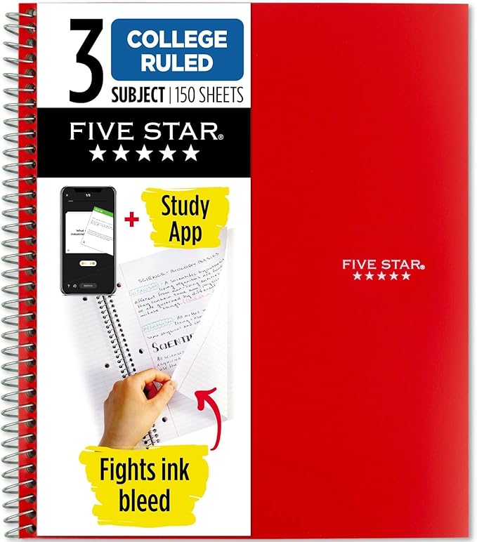 Five Star Spiral Notebook + Study App, 3 Subject, College Ruled Paper, Fights Ink Bleed, Water Resistant Cover, 8-1/2" x 11", 150 Sheets, Red (72065)