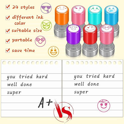 Yinder 24 Pcs Teacher Stamps for Classroom Self Inking Classroom Stamps Bulk for Teachers Elementary Colorful Motivational Encouraging Gifts(Expression)