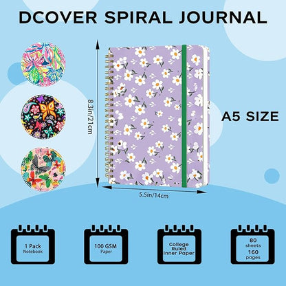 Spiral Notebook - A5 Spiral Notebooks, 8.3'' × 5.8'', 160 Pages, Aesthetic Journaling Notebooks for Women, College Lined Notebook with Elastic Closure, Back Pocket, for School Office, Purple Flower