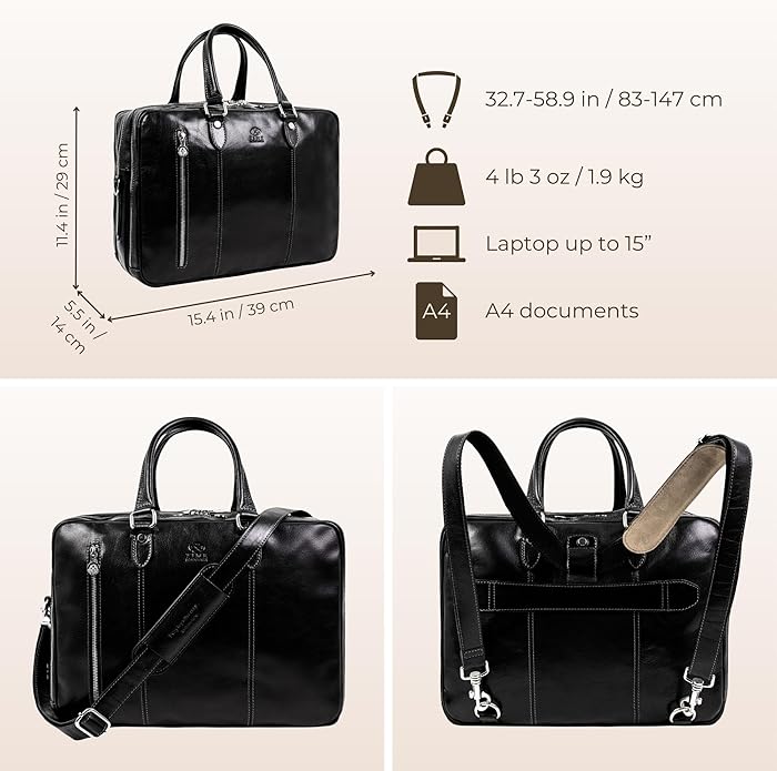 Time Resistance Leather Laptop Briefcase - Full Grain Leather Computer Bag for Men and Women